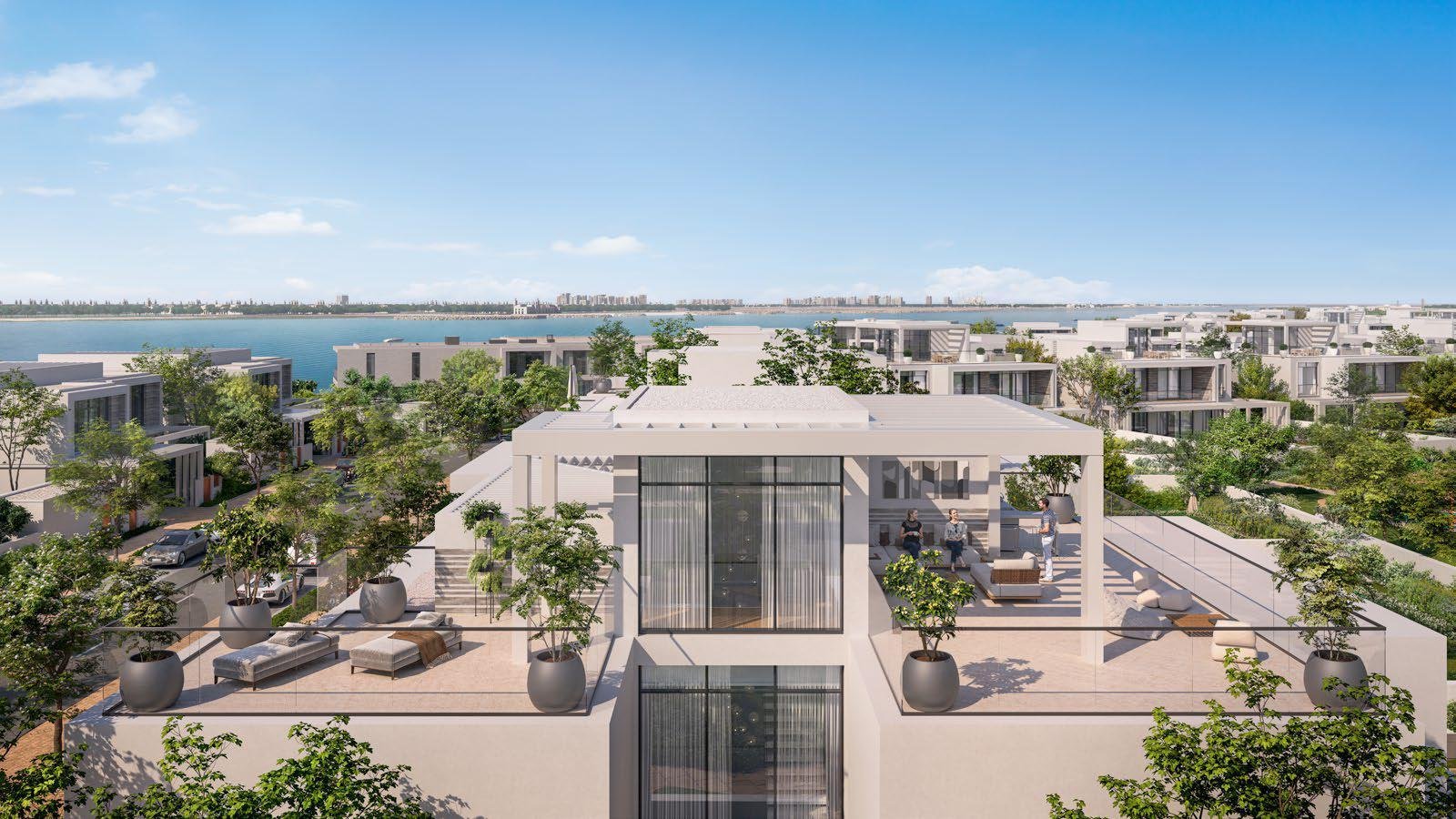 Aerial view of Bashayer Villas community on Hudayriyat Island featuring waterfront homes and vibrant lifestyle amenities.